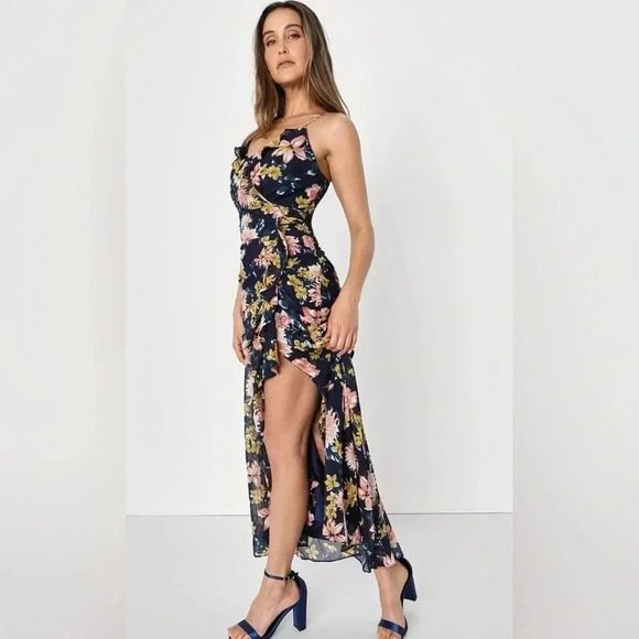 Lulus Stunning Soiree Navy Blue Floral Ruched Midi Dress - Picture 2 of 8